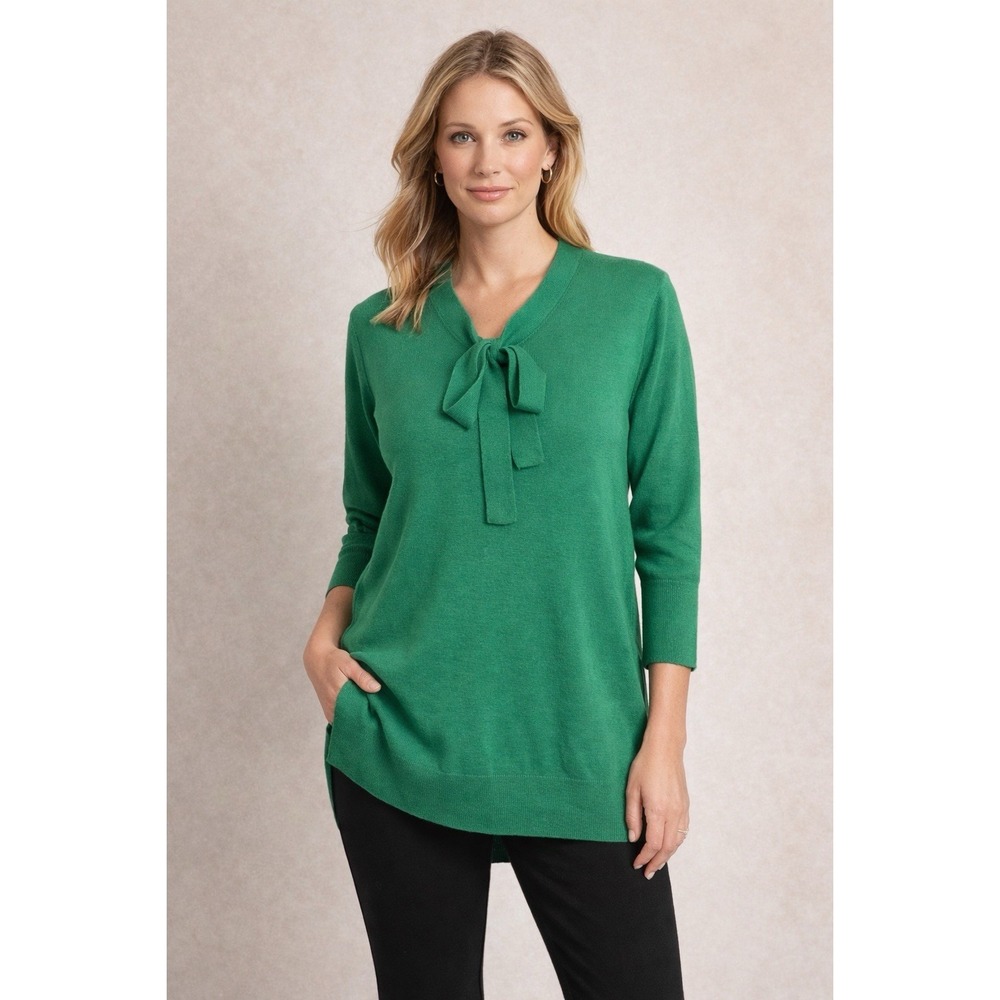 Cabi Green Tie Neck Sweater Tunic Wm's L XL 3/4 Sleeve Lightweight Knit Workwear